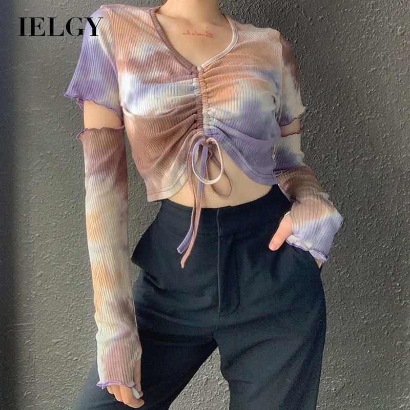 IELGY Street shooting design sense tie-dye hollow fashion long-sleeved T-shirt short drawstring broken sleeves V-neck top