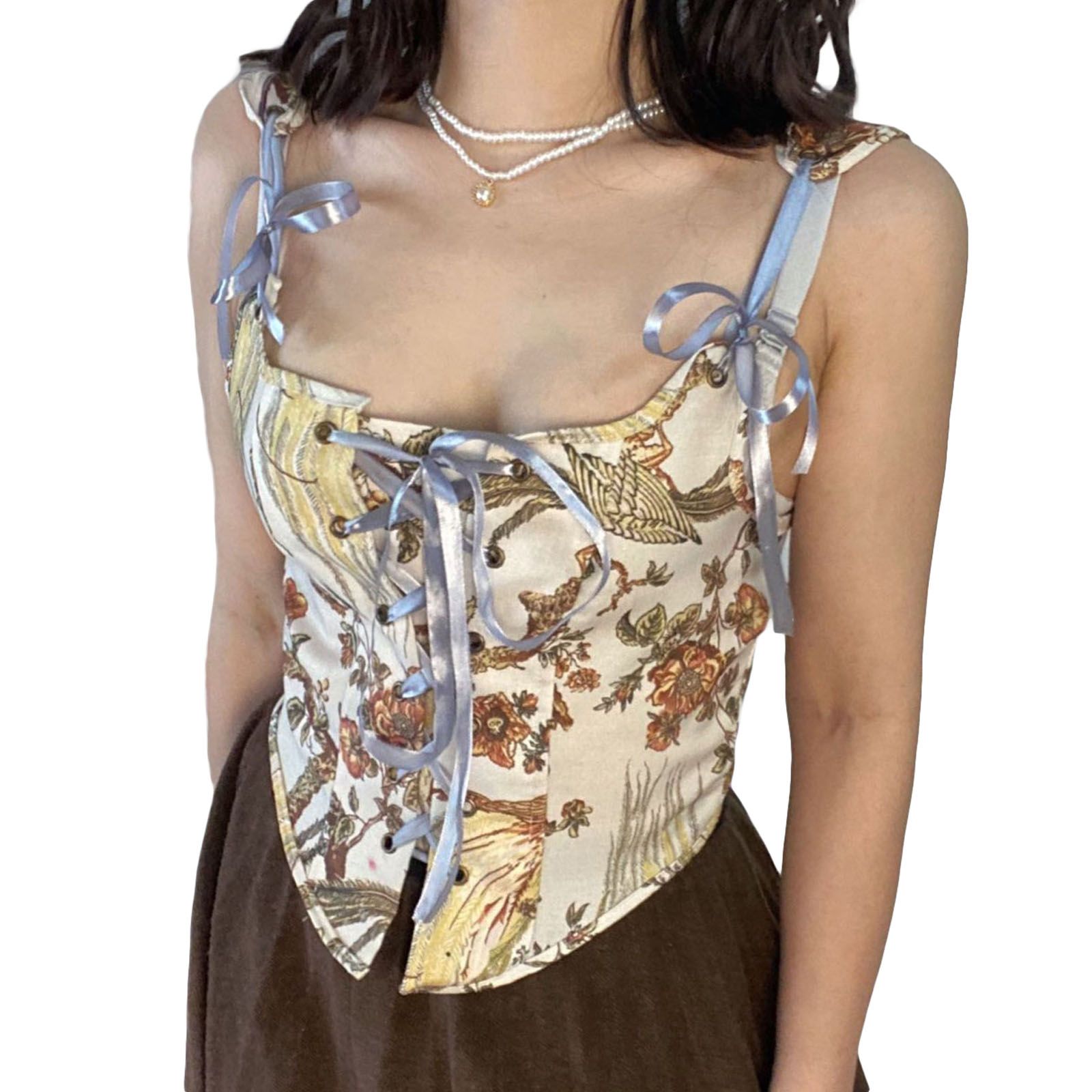 Women  French Camisole, Flower Print U-Neck Cross Strappy Bodycon Tank Tops Waist Girdle