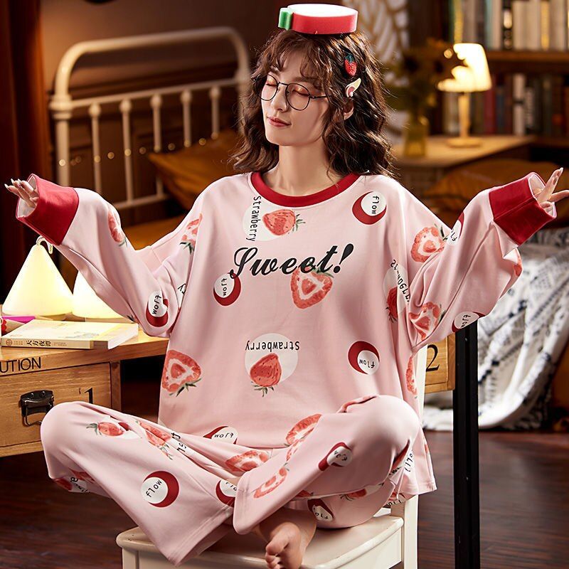 Pajama Sets Women Printed Large Size 5XL Loose Autumn  Cotton Pajama Set Girls Breathable Korean-style Flesh Sweet Trendy Ins