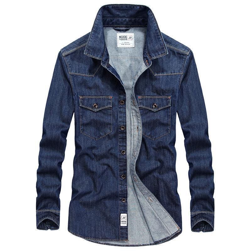 Men's Full Long Sleeve Attractive Stylis Double pocket  Casual Denim  Cotton Shirt  Jeans Fade Wash Male Fashion Collection for Men Wearable in Summer and Winter-Blue Washed