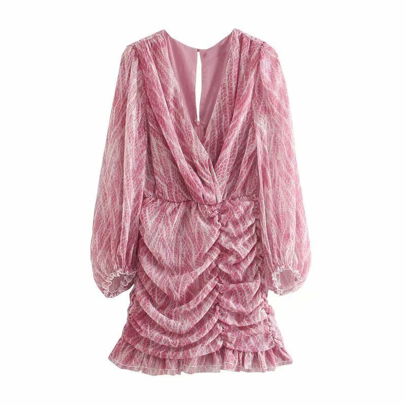 snakeskin print ruffle dress lantern sleeve v neck dresses spring autumn sukienka letnia za women vestido de mujer
