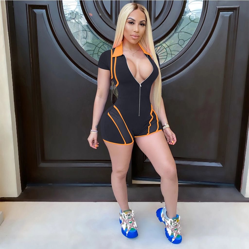 Women's Short Sleeve Jumpsuit Summer Fashion  V-neck Zipper Mesh Splicing Bodysuit Nightclub Wea