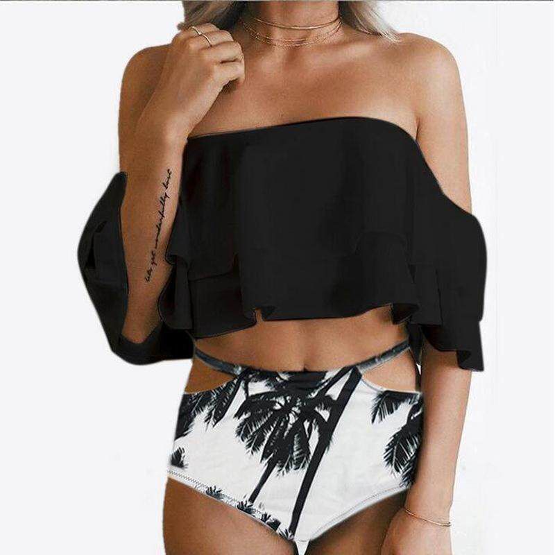 Panda Online 2PCS Sets Off The Shoulder Swimsuit Swimwear Women Padded Ruffle Swimming Suit