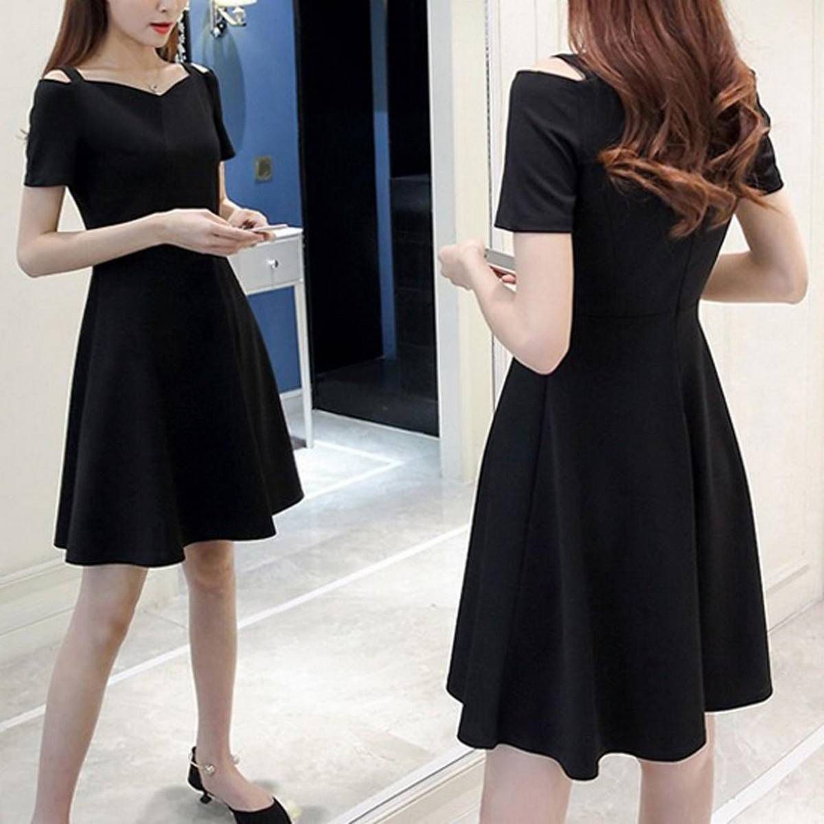 Fashion Women Pure Color Off Shoulder Short Sleeve Knee Length Camisole Dress
