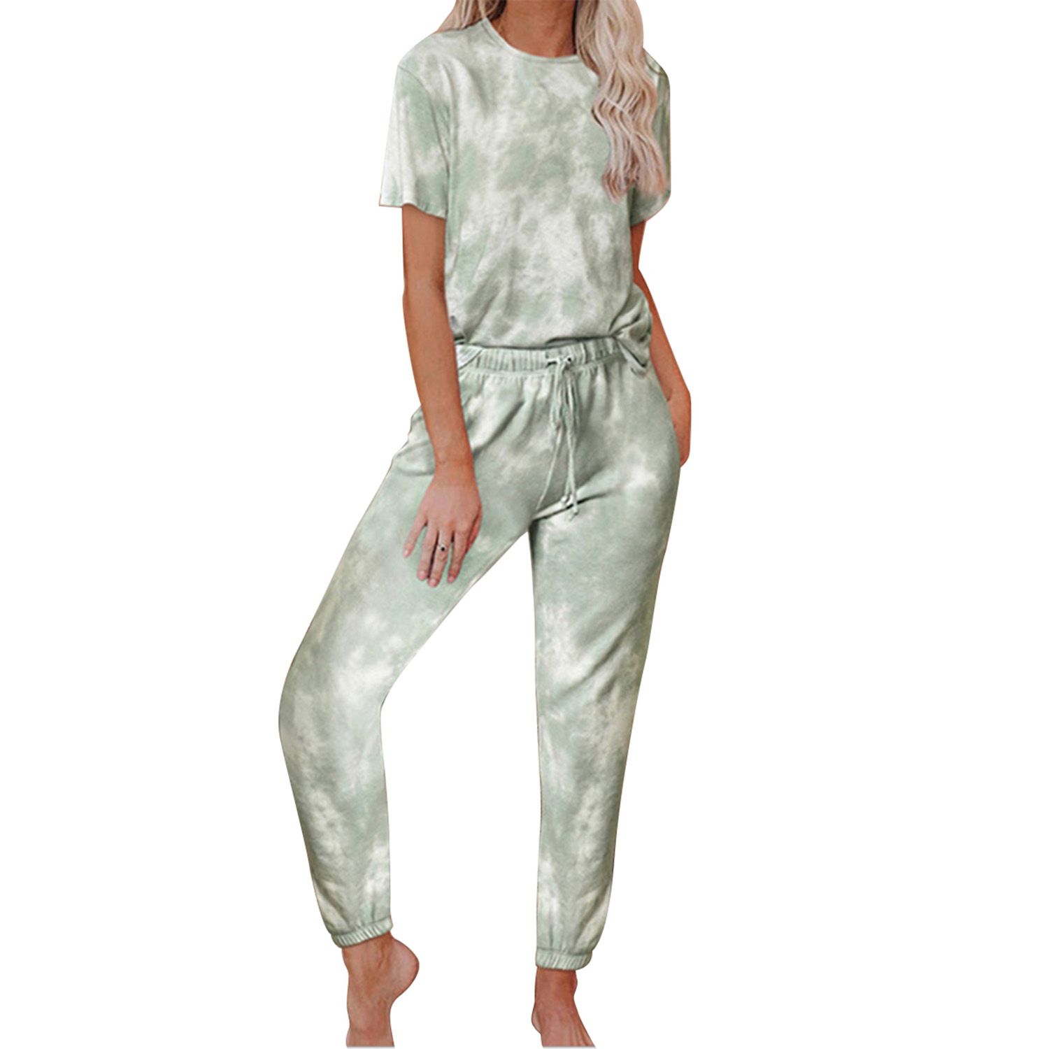 2021 2 Pieces Suit Set, Women’ s Tie-Dye Print Round Neck Short Sleeve T-Shirt+ Pants, Black/Blue/Apric