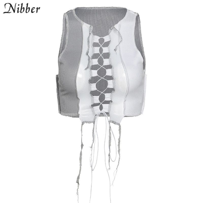 Nibber  holes cut-out tassel crop top summer fashion patchwork mesh fabric tees Gothic activity cool slim sleeveless tshirt
