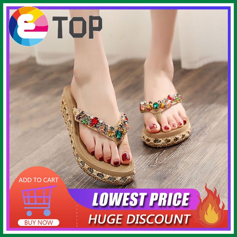 New Fashion Woman Wedges Sandals Rafi Grass Weaving Toe Clip Wedge Slides Heels 4cm Colorful Rhinestone Outdoor Sandals Size 35-41