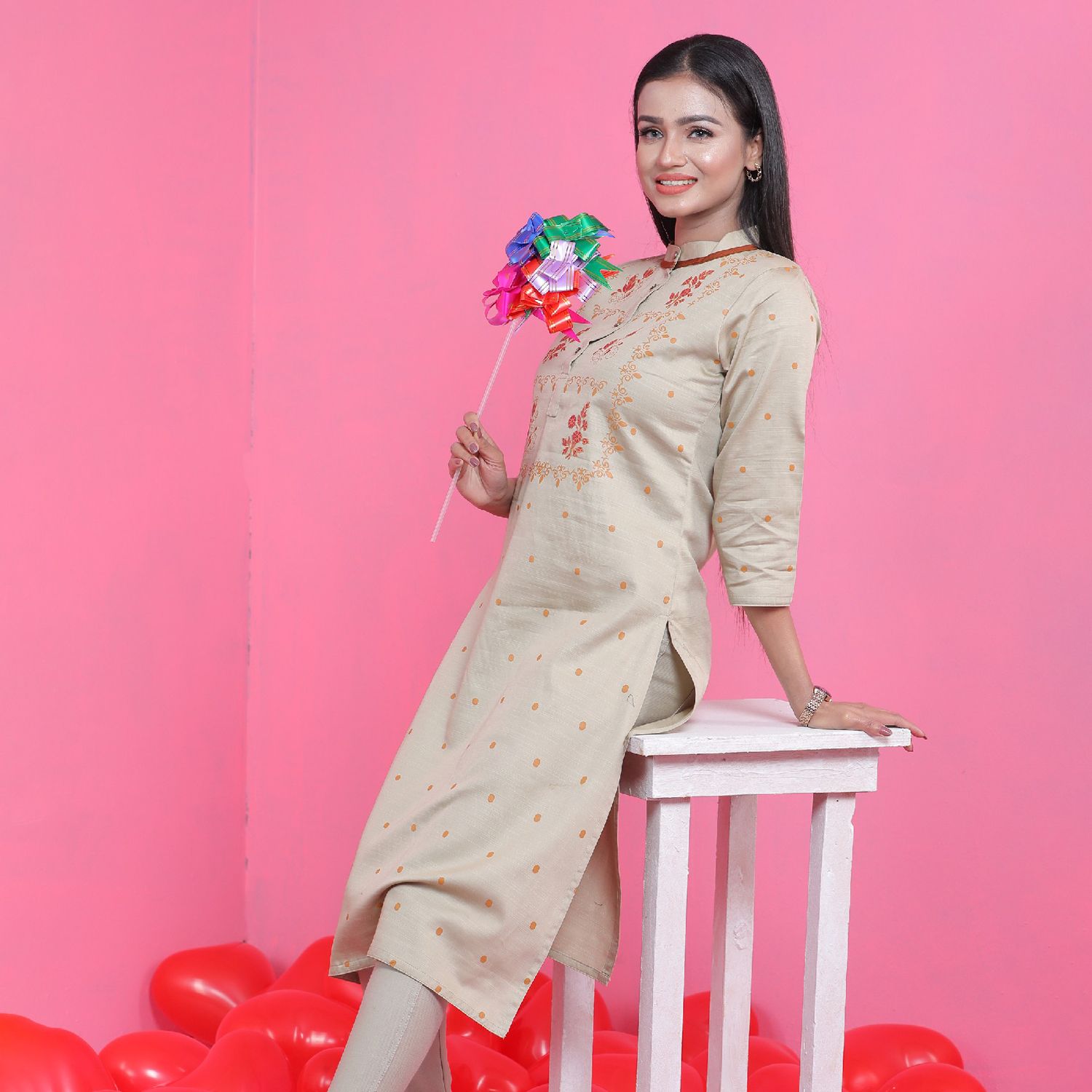 Women's Printed Premium Kurti - Biscuit- 2928K