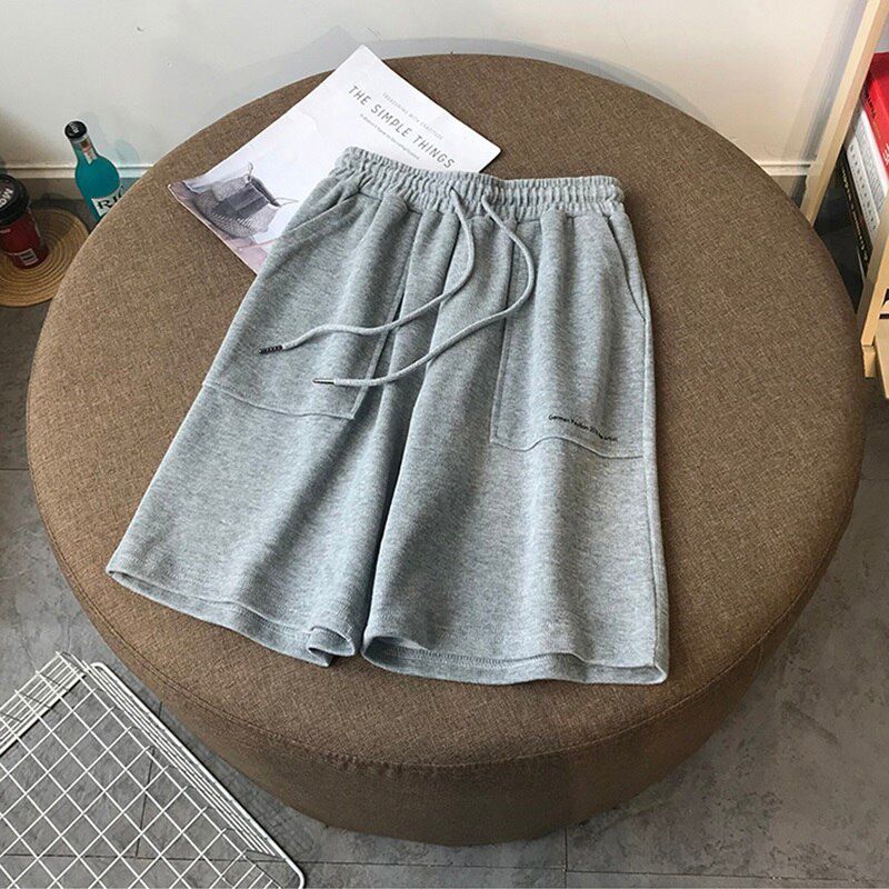 Summer High Waist Wide Leg Short Pants Women black Knee Length Pants Drawstring Korean pure cotton Casual loose Holiday Trousers