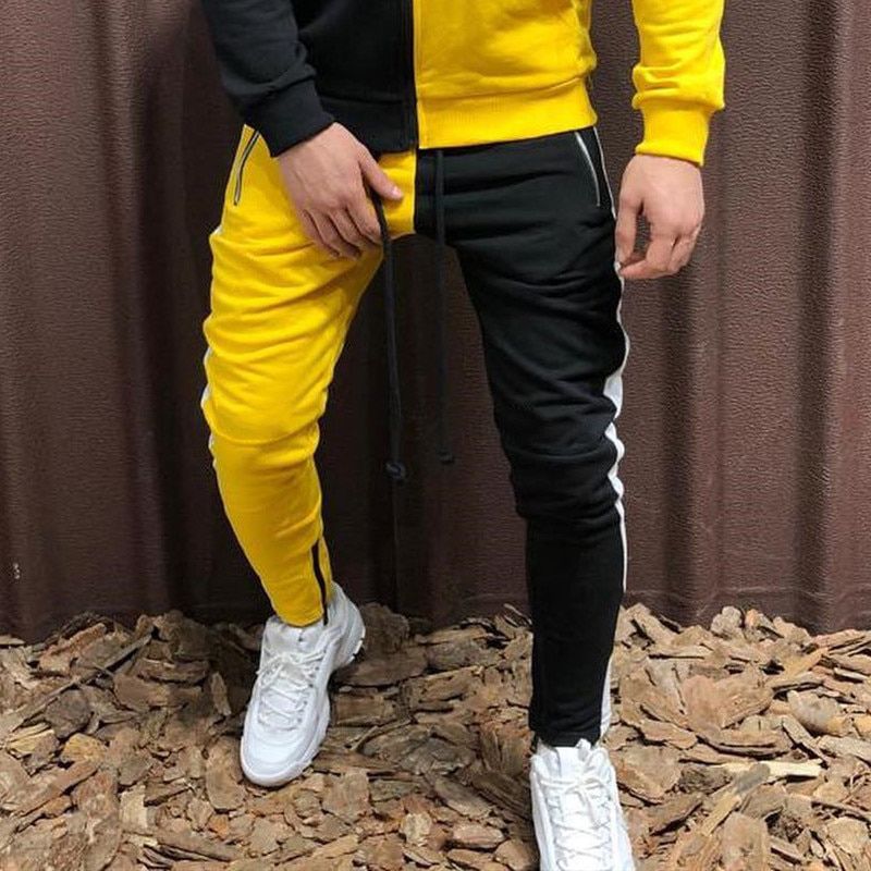 New fashion design stitching two-color trousers men's streetwear men casual men's clothing jogger zipper casual trousers