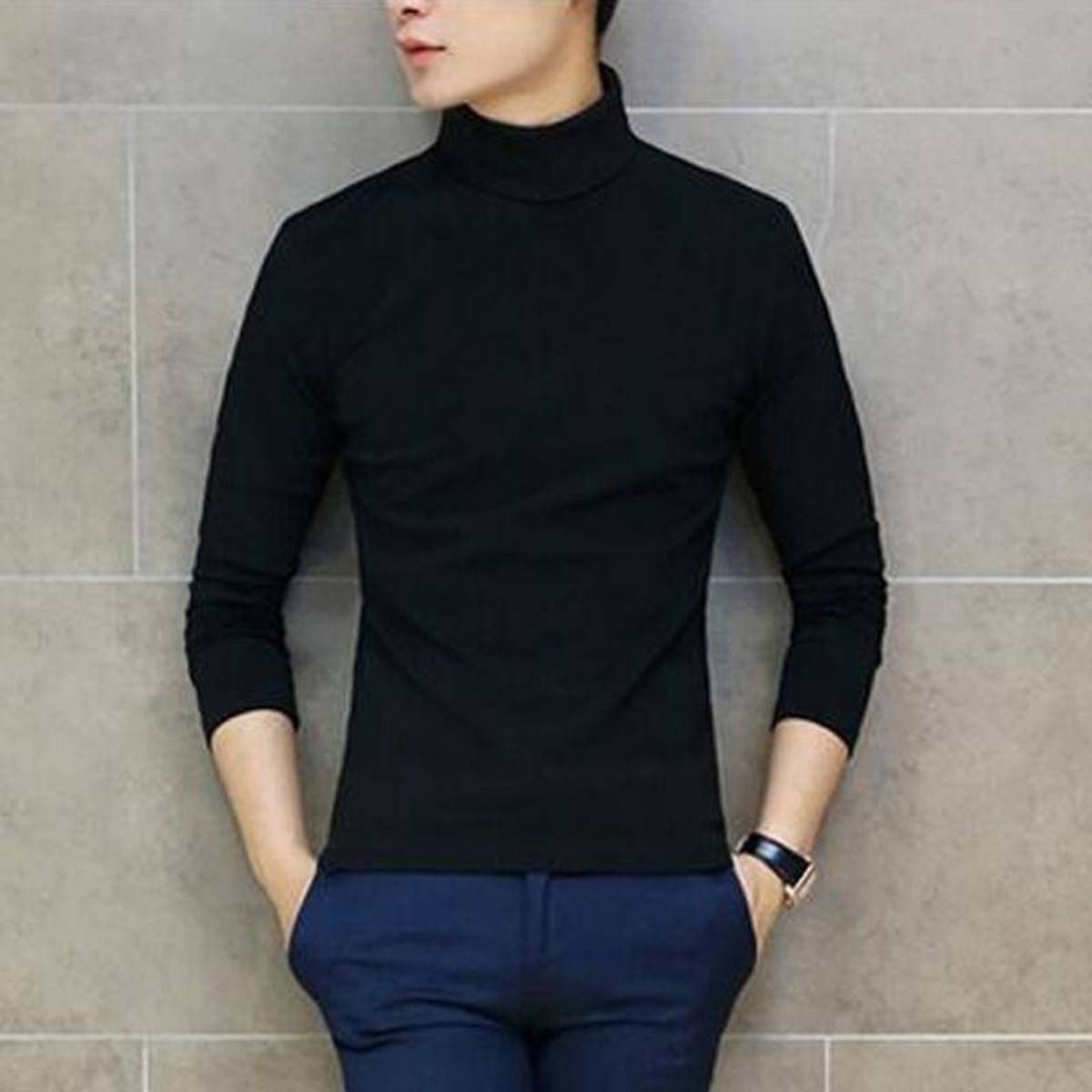 Men's Thick Warm High Neck Collar Pullover Long Sleeve Sweater Slim Bottoming Plain Shirts