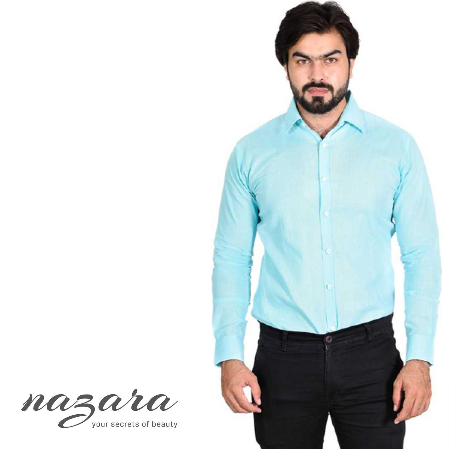 Light Blue Cotton Casual Shirt for Men