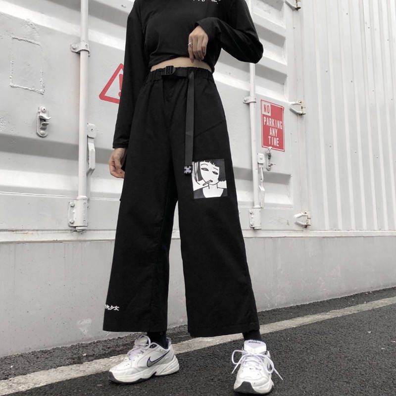 With Belt Wide Leg Baggy Pants Women High Waist Anime Print Women's Joggers Pants Korean Fashion Trousers Loose Pants