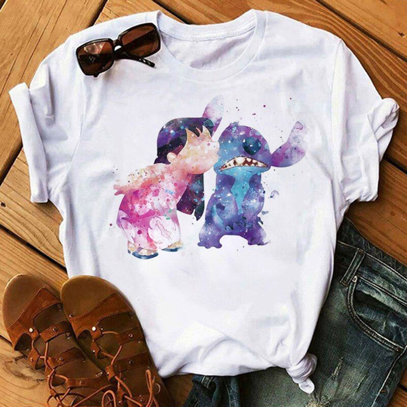 Kawaii Disney Cartoon Stitch T Shirt Men/Women Ohana Lilo Stitch Graphic Tees  Summer Tops Harajuku Kids T-shirt Female