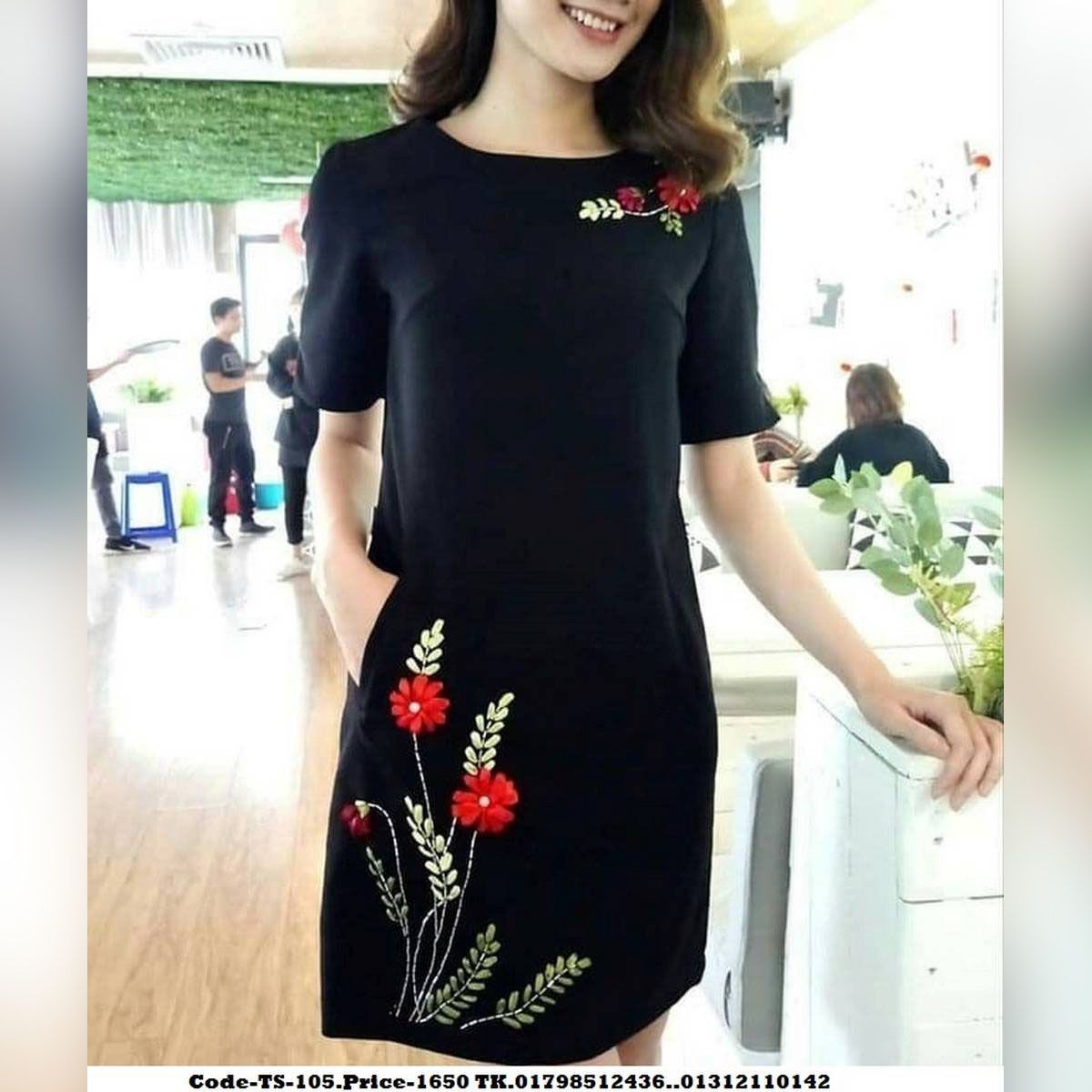 Black Tops Floral Embroidery Work For Women