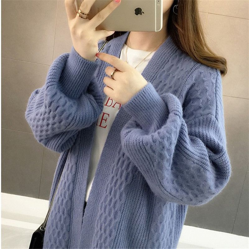 Yfashion Women's Coat Loose d-length V-neck Solid Color Long-sleeve Knitted Cardigan color