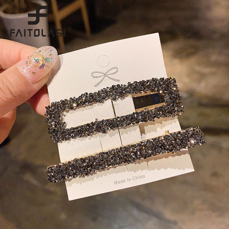 2Pcs Square Rhinestone Crystal Women Hair Clips Shiny Geometric Barrettes for Girls Elegant Sweet Cute Ins Style Princess Hair Accessories