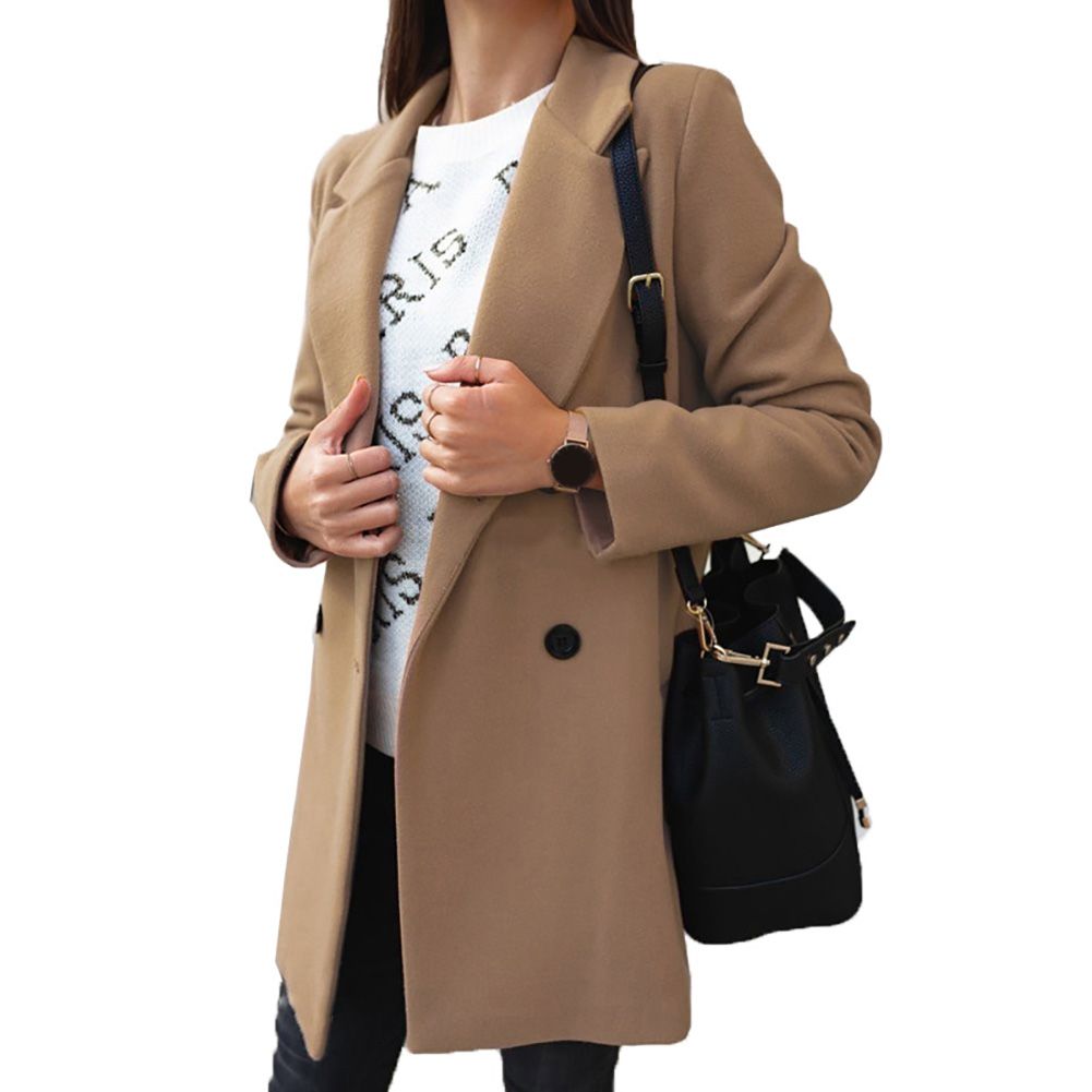 Women Autumn Winter Fashion Wide Lapel Double-line Buttons Warm Coat Outwear