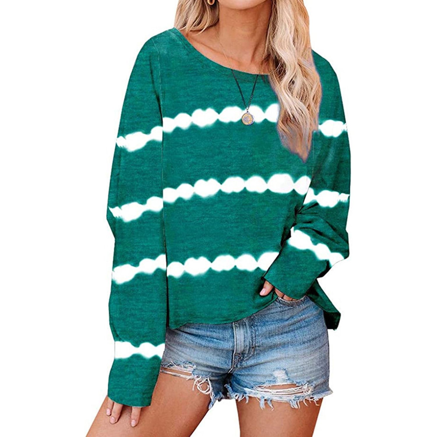 New Women's Tie-dye Striped Print Top Fashion Casual Wild Loose Long Sleeve Round Neck T-shirt