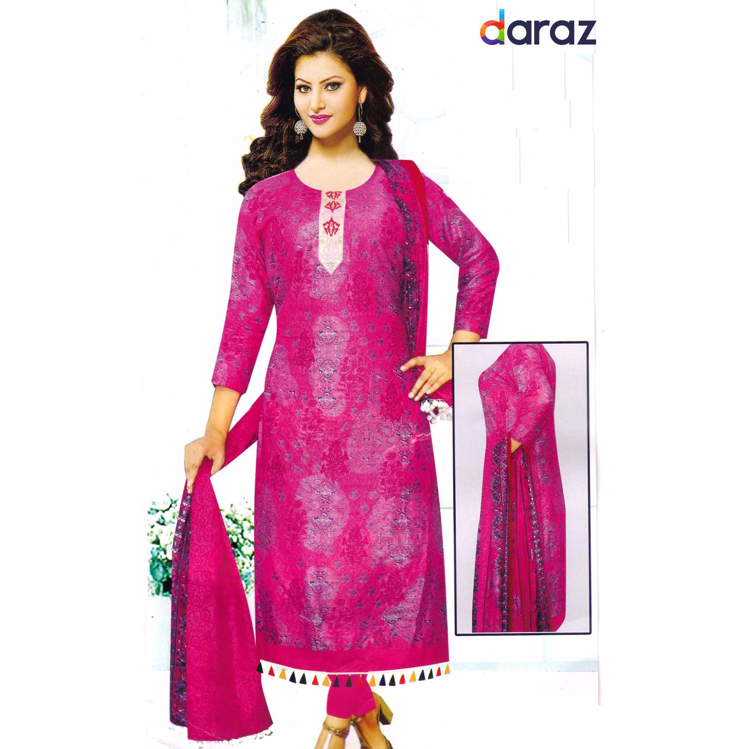 Eye Catching Design with Sparking Collection Rich Fabric Deep-Magenta & Folk-Designed Royal Mixed Multi-Colour Unstitched Weightless Traditional Shalwar Kameez for Women