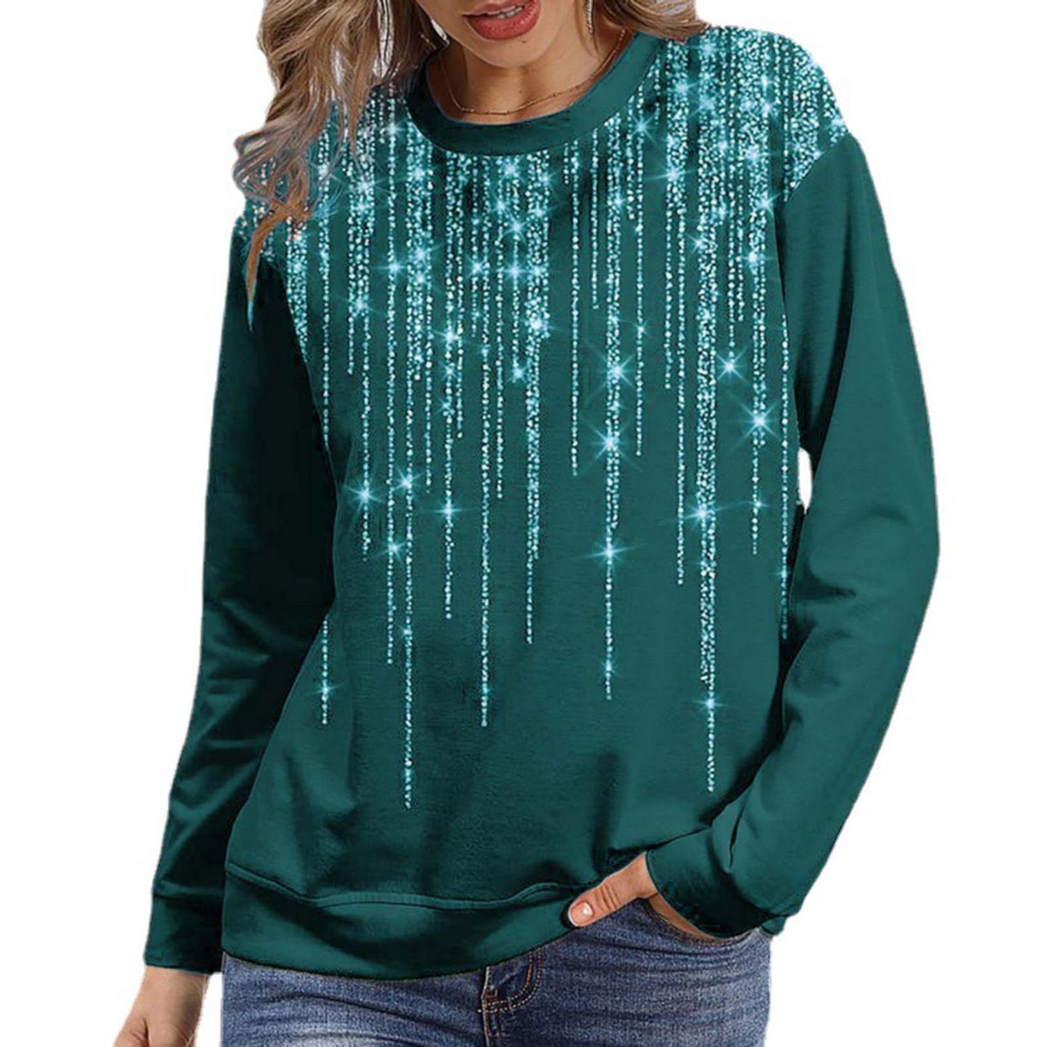 Casual Blouse O-Neck Rhinestone Shiny Casual Pullover Top