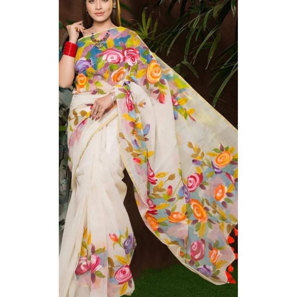 Hand Print Saree New Pink Colors Collection Fashionable Stylish and Comfortable, Half Silk Sharee For Women