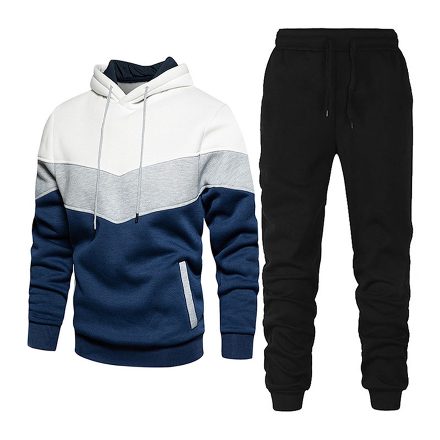 Men Tracksuit High Waist Pockets Hooded Sweatshirt Pants Set