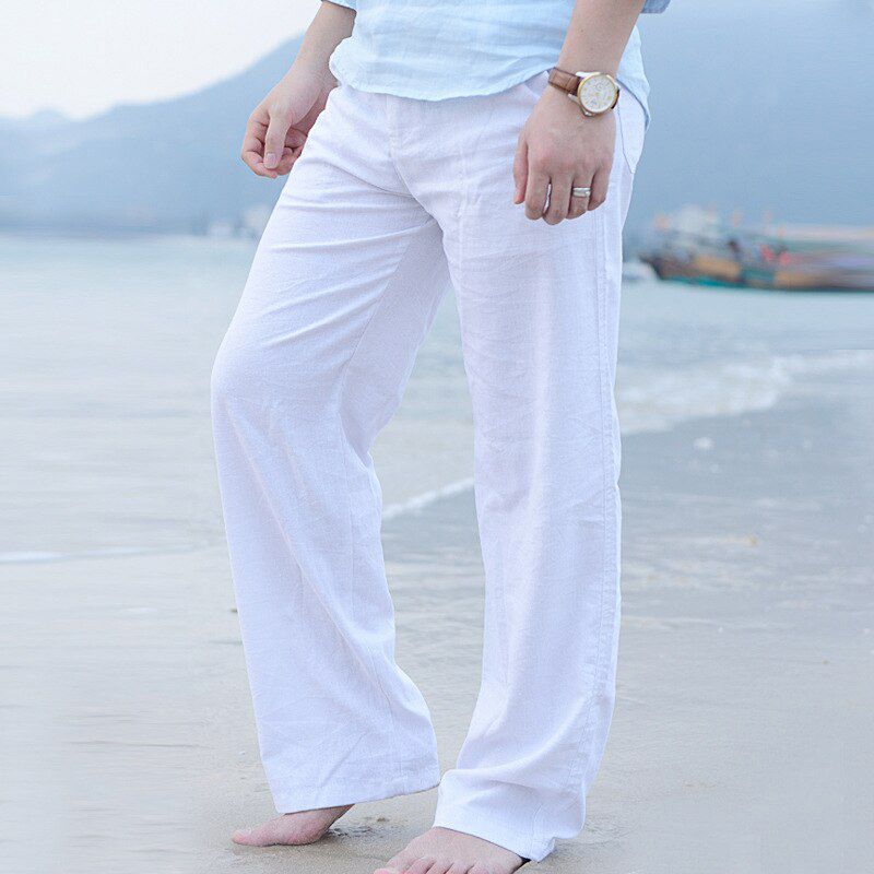 Men Casual Cotton Linen Wed Leg thai fisherman Loose Long Pant White Black Solid Color Autumn Summer Plus Size M-3XL