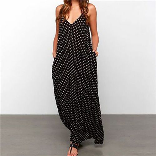 New Fashion Women Summer Style Polka Dot V-Neck Pockets Suspenders Vestidos Female Casual Sleeveless Bohemian Maxi Dresses