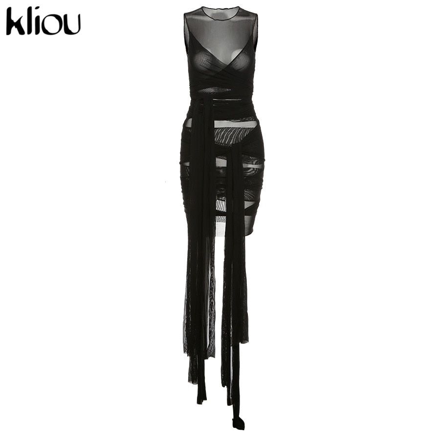 Kliou Ribbons Mesh See Through Bodycon Party Dresses Women Sexy Clubwear Mini Dress Solid Sleeveless Basic Female платье Outfits
