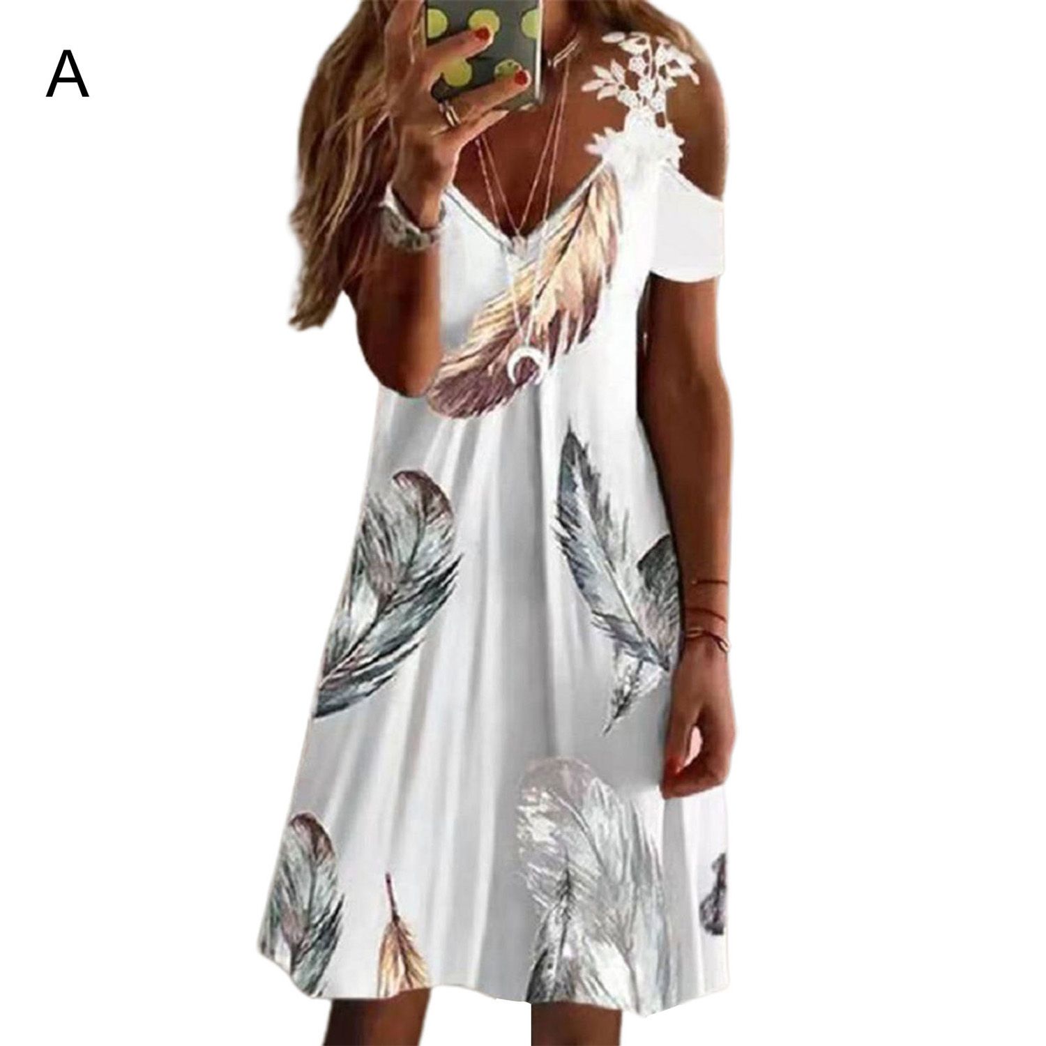 di Dress Feather Pattern Slim-fitting A-Linedi Dress