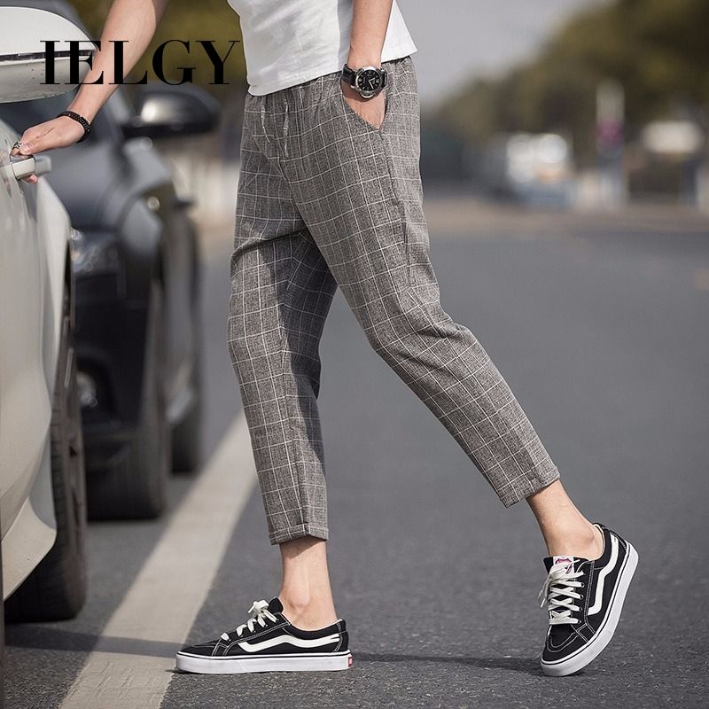 IELGY Nine pants men's plaid casual pants loose seven points men's pants slim 8 eight points sweatpants