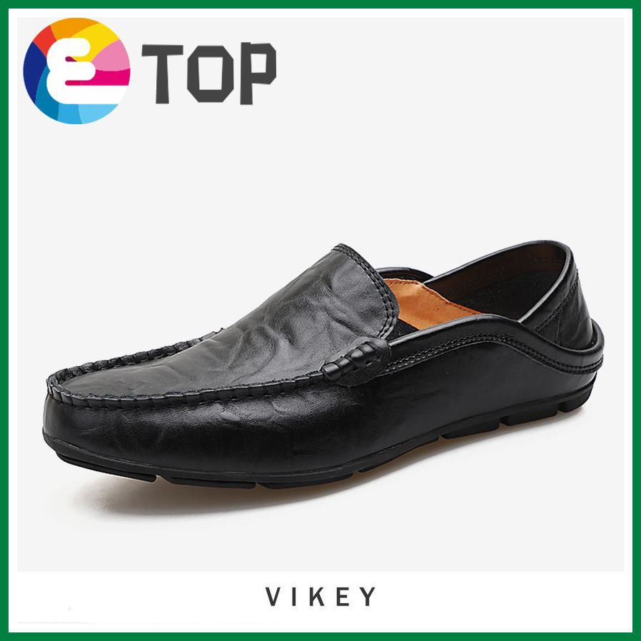 Vikey 37-47 Men's Leather Loafers Moccasins Shoes Casual Driving Shoes Slip on Flat Shoes for Men Kasut Lelaki (Black,Blue,Brown)