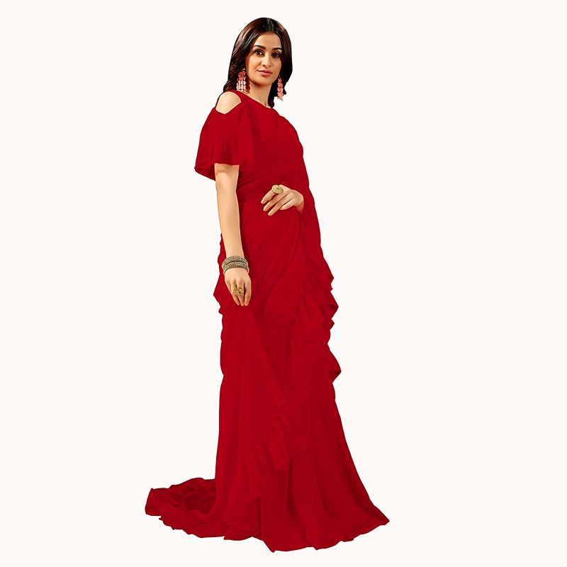 Weightless Georgette One Layer Ruffle Frill Sharee With Blouse Piece For Women’s By Loot Box
