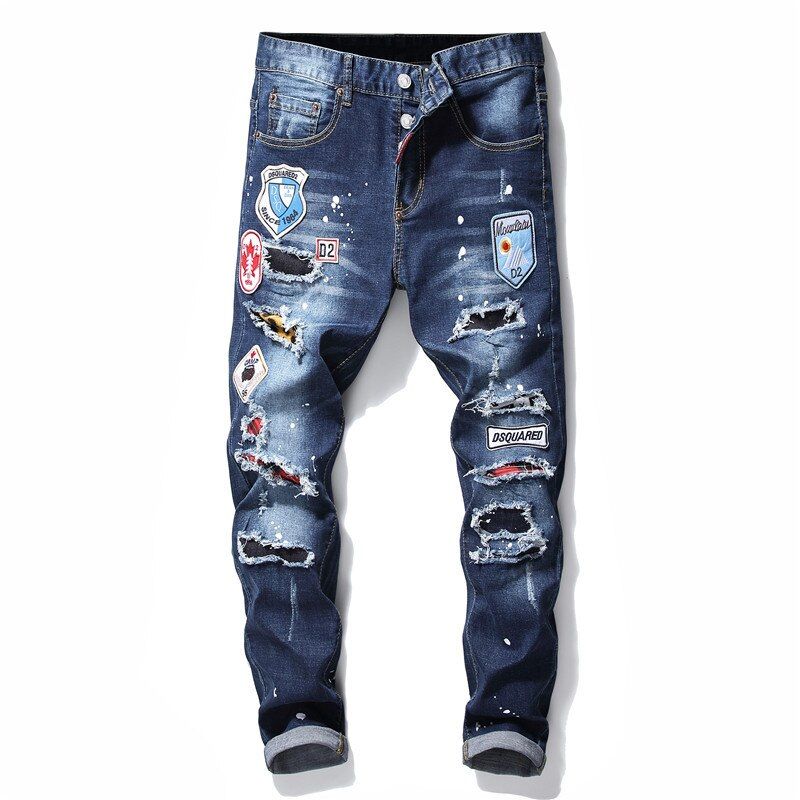 European Italy jeans dsq brand Men slim jeans pants top quality mens denim trousers zipper blue hole Pencil Pants jeans for men