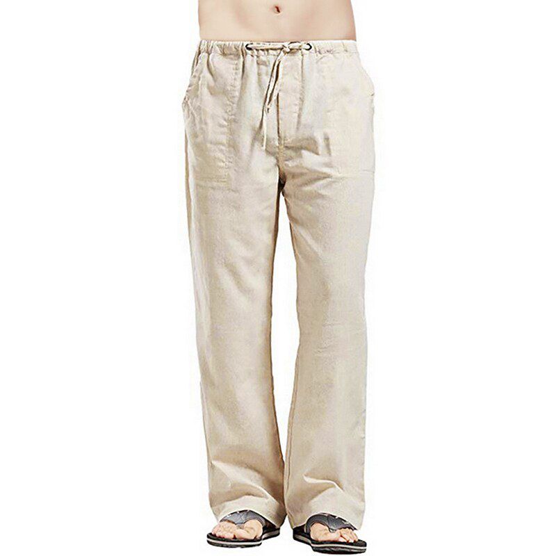 Mens Summer Casual Cotton Linen Loose Drawstring Yoga Pants Trousers Elasticated Pocket Pants