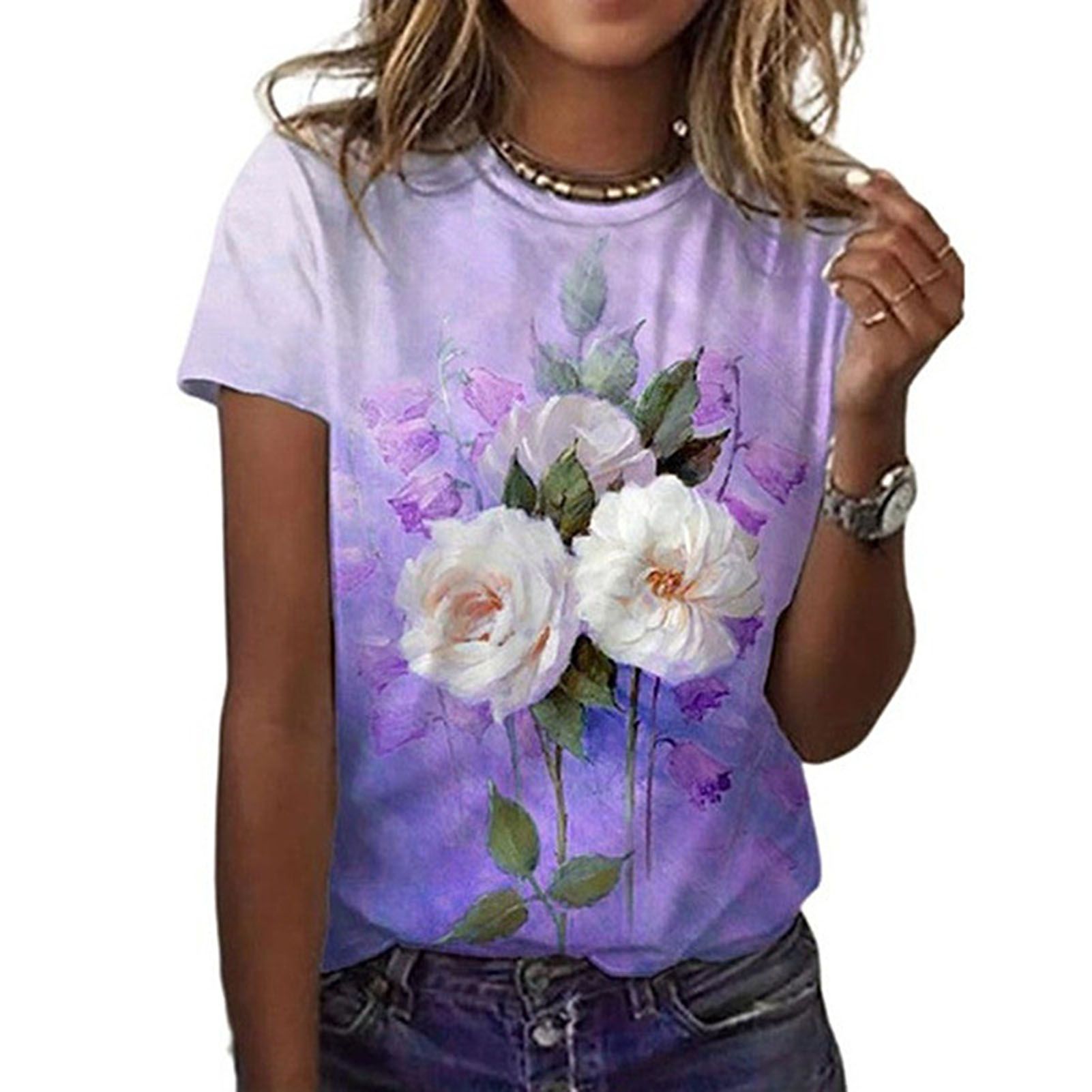 Summer Tee Top Good Elasticity Blooming Flower Bouquet Print Pullover T-shirt