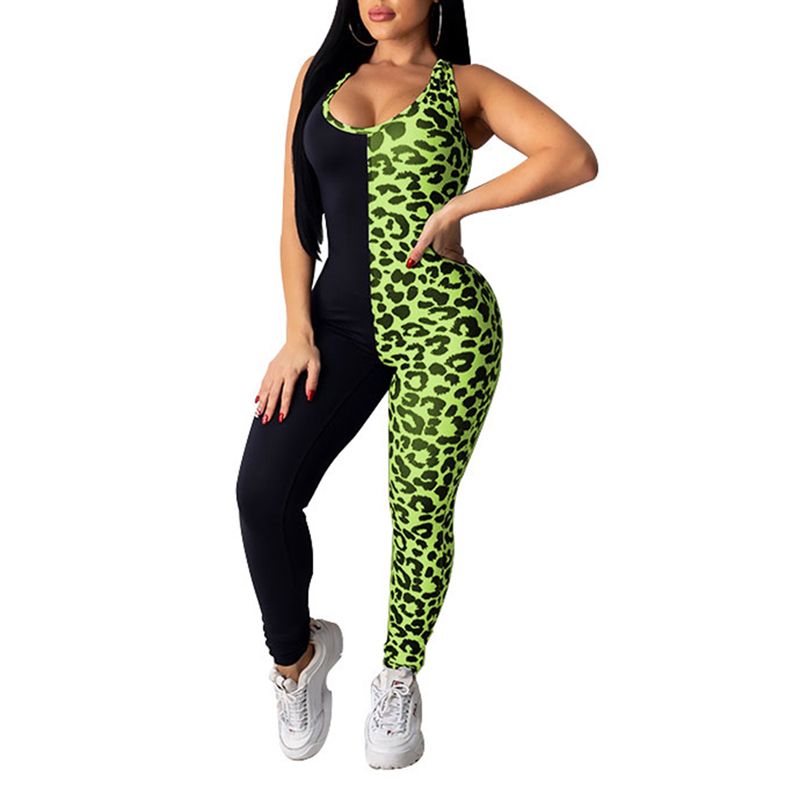 Women Color Block Jumpsuit, Sleeveless U-shaped Neck Leopard Print Romper Cross Back Sports Clothes