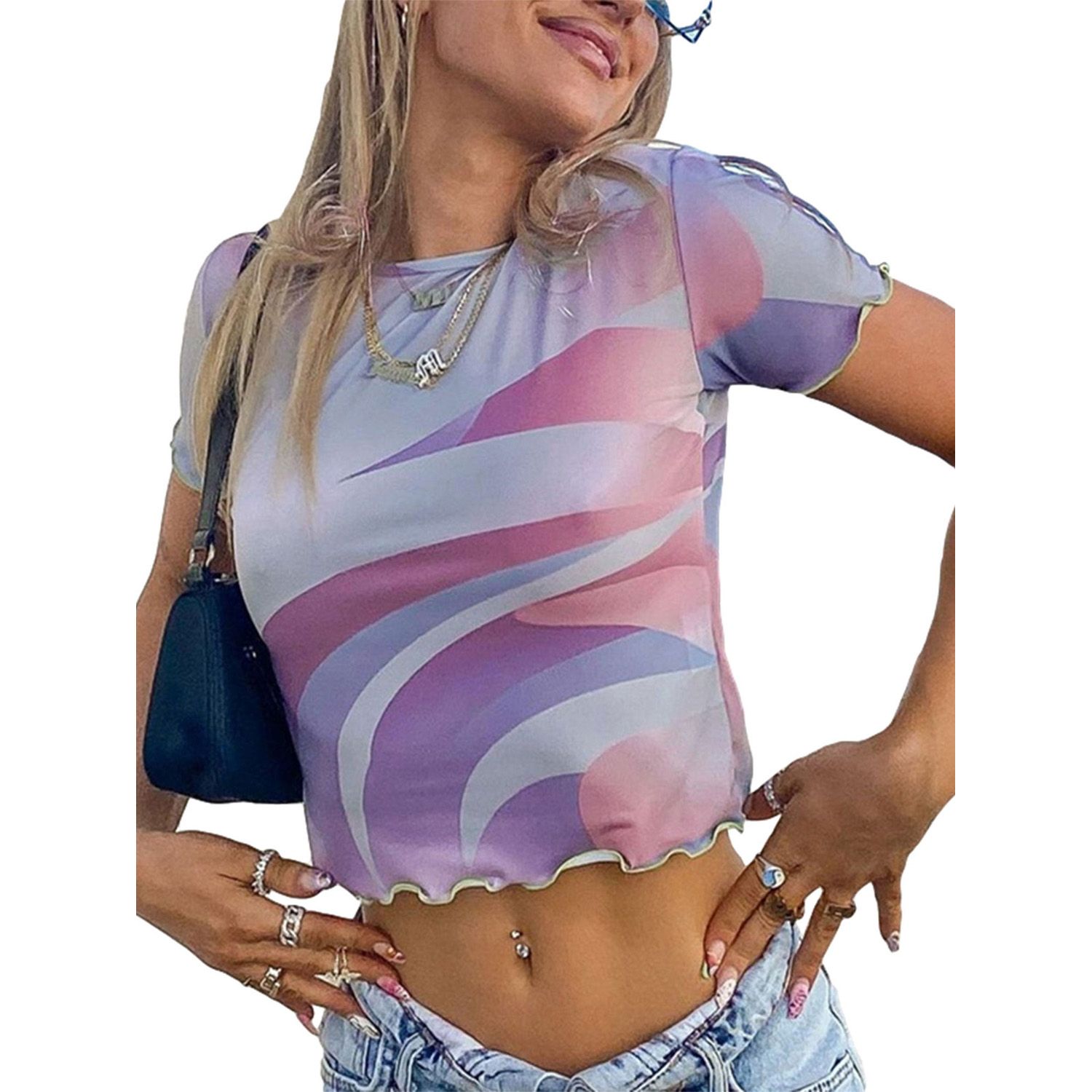 Women’s Casual Short Sleeve T-shirt Fashion Abstract Printing Exposed Navel Pullover Tops