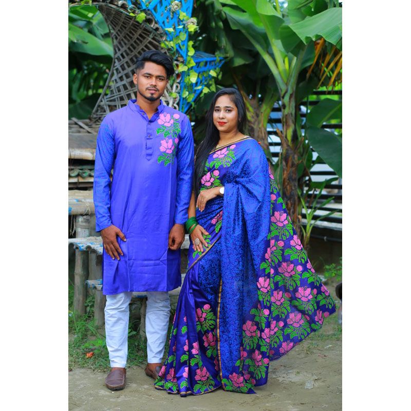 Exclusive Designer  Screen Print Half Silk Saree / Dhupian Silk Saree & Dhupian Silk Panjabi Combo For Couple