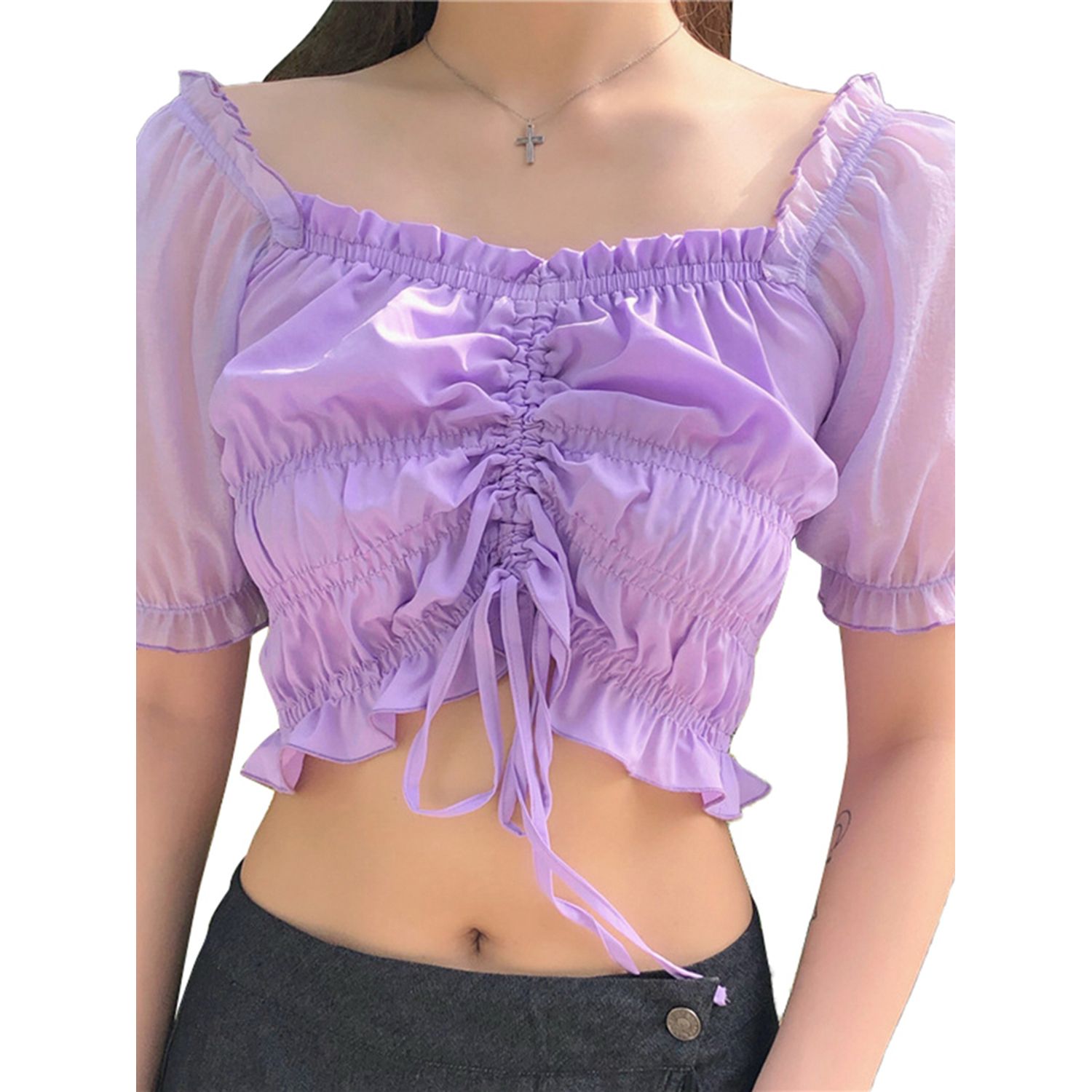 Women Summer Short-sleeved Pullover Top Korean Wild Solid Color Boat Neckline Bandage T-shirt