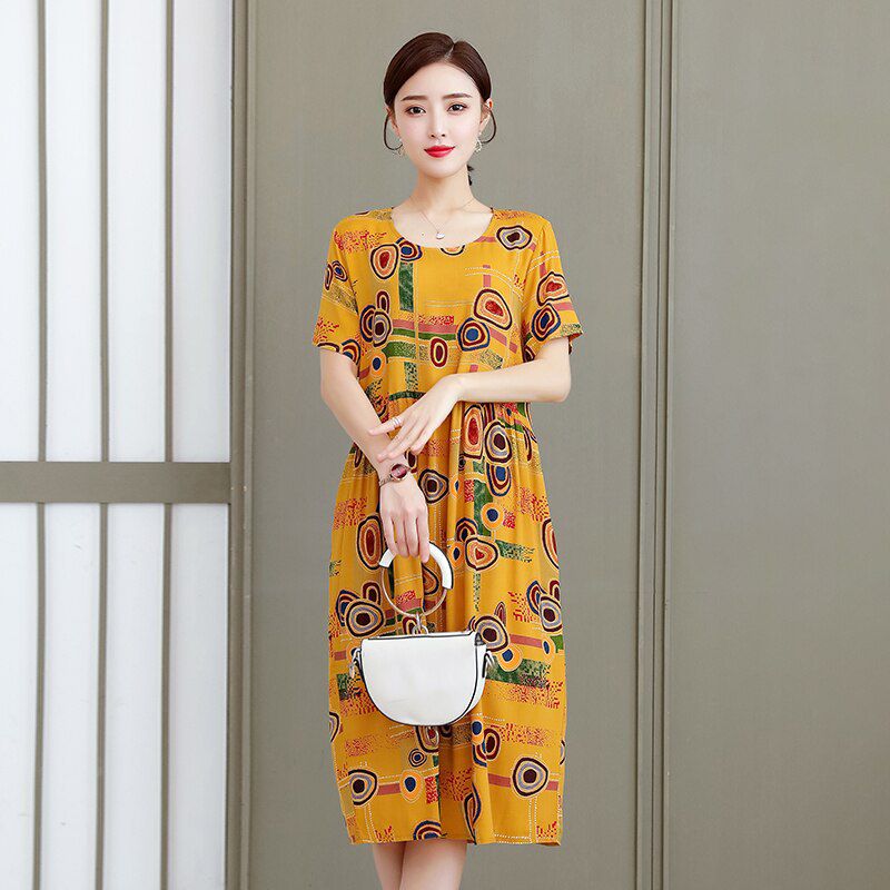 2021 High Quality Women Summer Dresses Cotton Casual O-Neck Vintage Women Dress Loose Short Sleeve Dress