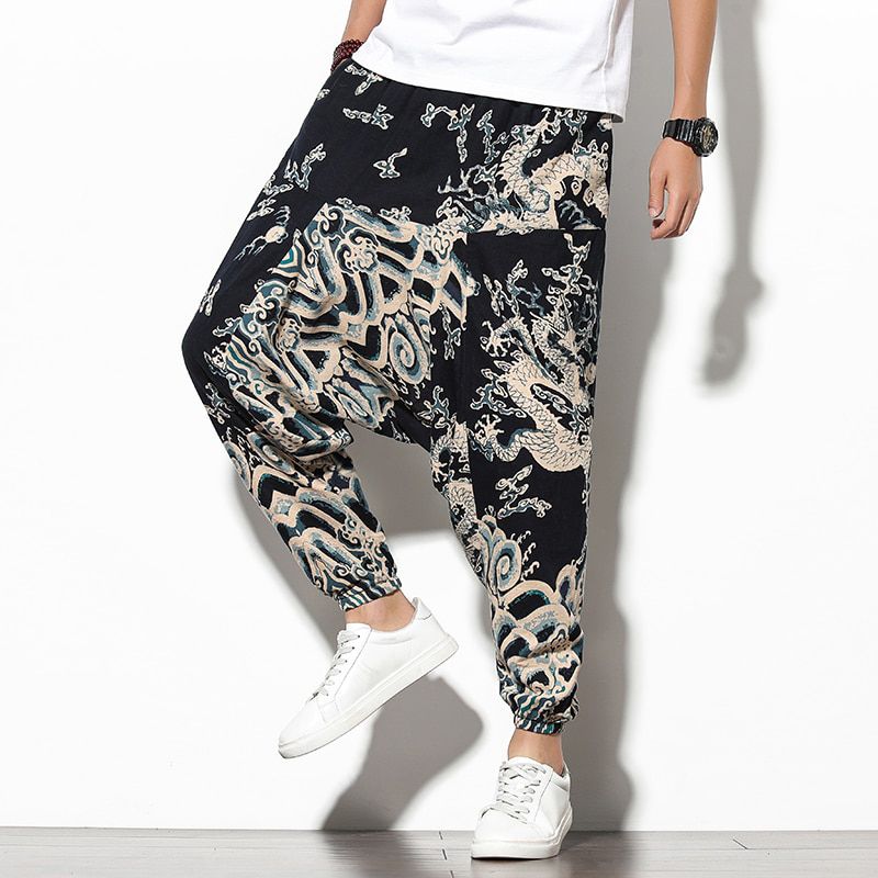 Men Harem Pants Drop Crotch Pockets Joggers Printed Casual Trousers Men Loose Hip hop Baggy Korean Cotton Men Wide Leg Pants