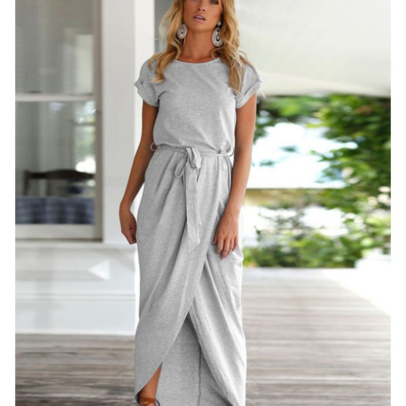 New WomenFashion Short Sleeve High Waist Dress Casual Lace-up Solid Color Dresses for Ladies