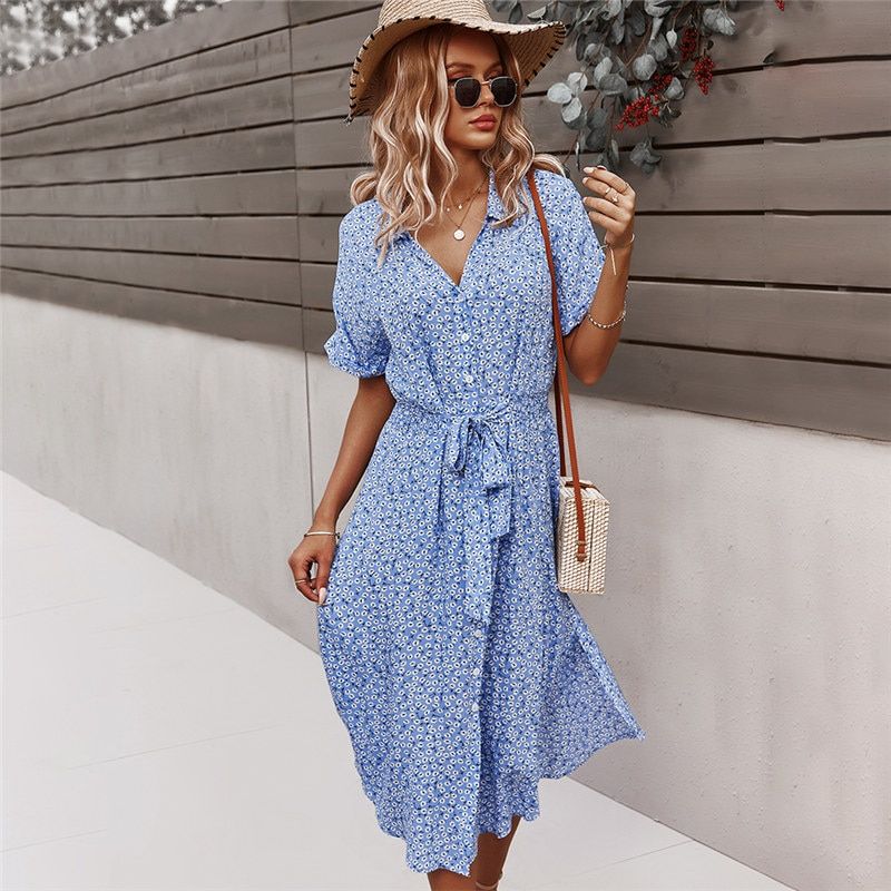 Spring Summer Ladies Bandage Dress Women Casual Medium Long Sleeve on Floral Print Holiday Style Chic Dress Female 2022 New