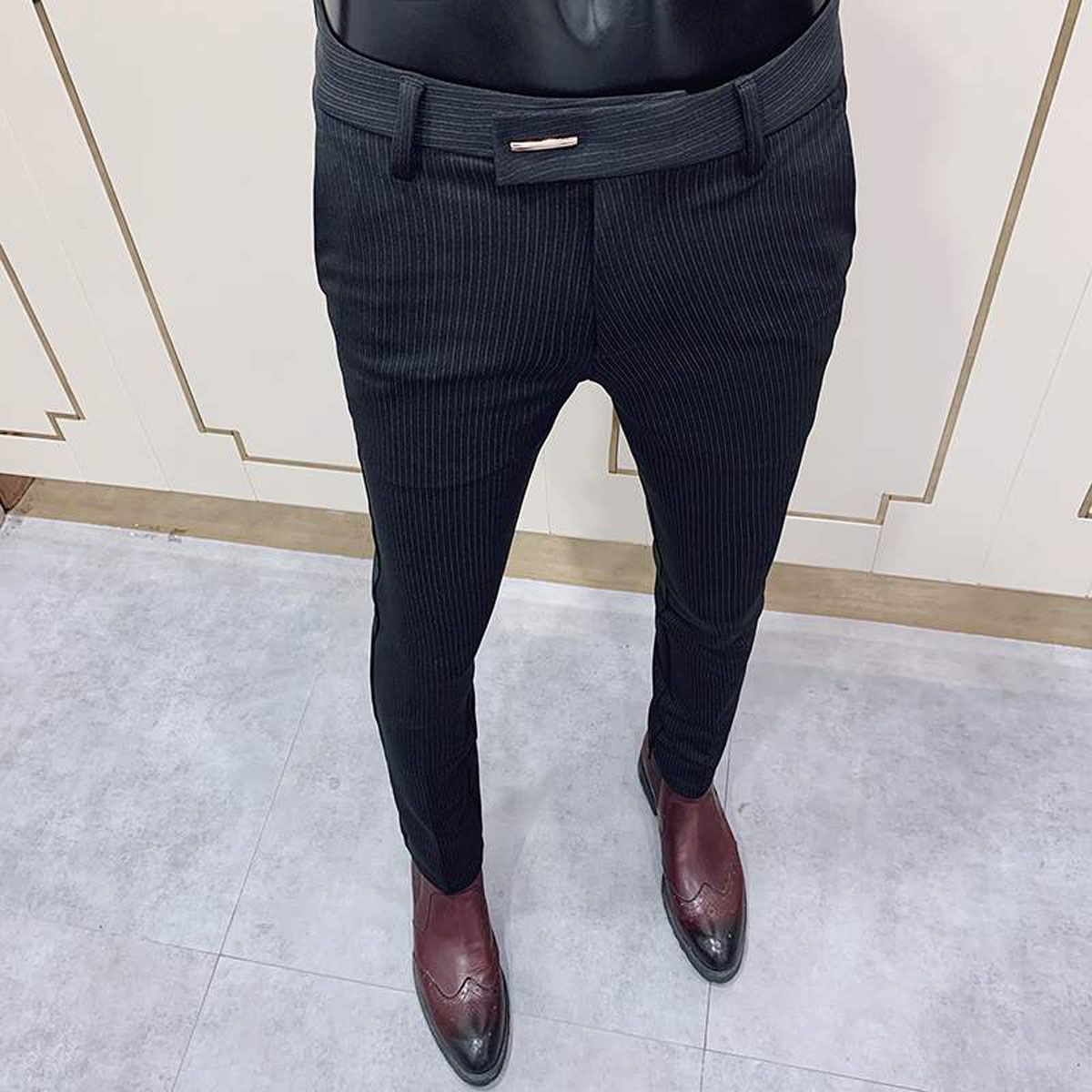 Fashion Striped Suit Pants Men's Slim Fit Skinny High Quality Pants Men's Office Party Pants Men's Business Casual Formal Pants