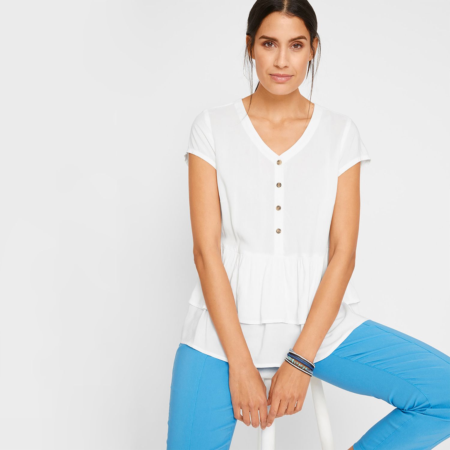 Viscose Short Sleeve Ladies Top (W/BLK/CT-15)