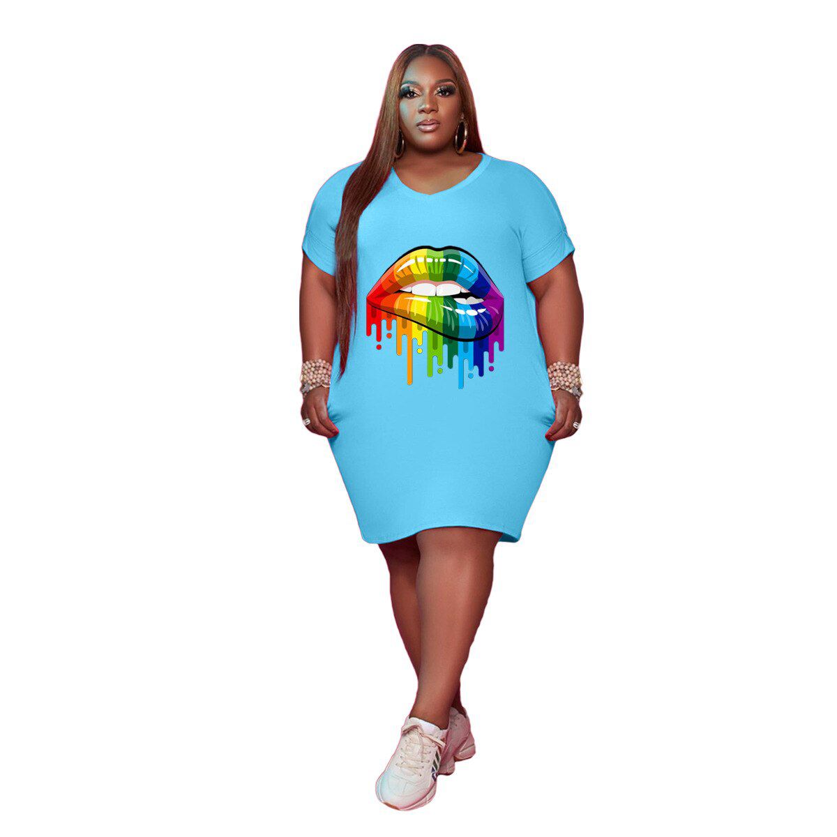 Plus Size Fashion Women's Clothing Wholesale Sexy Round Neck Pockets Personality Lip Printing Loose Casual Dress Dropshipping