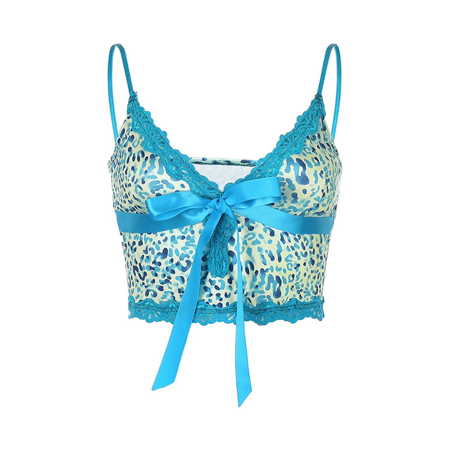 Ladies Summer  Midriff-baring Camisole, Girls Fashionable Leopard Print/Printing Lace Decoration V-neck Sleeveless Slim Top for Dating Shopping