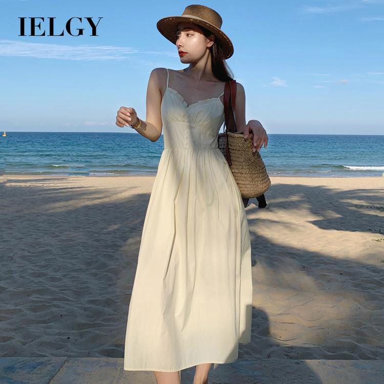 IELGY small solid color French sweet long skirt lightly cooked style suspender dress inside holiday forest style retro